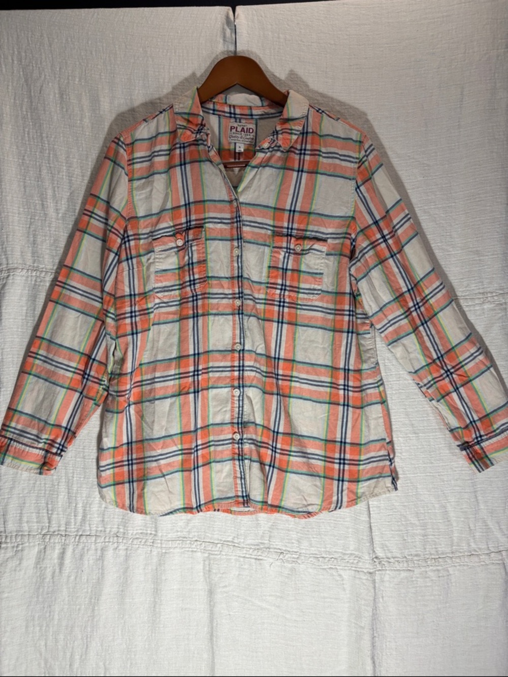 Old Navy Plaid Flannel Button-Down Shirt in White, Orange & Green 100% Cotton